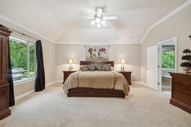 2603 Pearce Rd, Austin, TX 78730 - bedroom with light colored carpet, vaulted ceiling, crown molding, baseboards, and ceiling fan