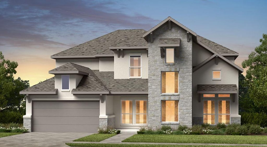 modern home with stone siding, stucco siding, driveway, and a garage