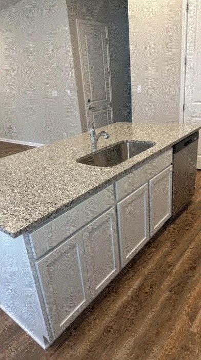 1020 Vista View Dr Unit 2001, Georgetown, TX 78626 - kitchen featuring a sink, dark wood-type flooring, light stone counters, and stainless steel dishwasher