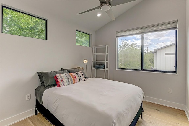 600 Blackson Ave Unit 2, Austin, TX 78752 - bedroom featuring light wood-style floors, vaulted ceiling, baseboards, a ceiling fan, and recessed lighting