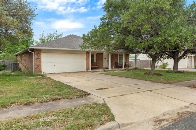 4125 Licorice Ln, Austin, TX 78728 - ranch-style home with brick siding, an attached garage, concrete driveway, a shingled roof, and a porch