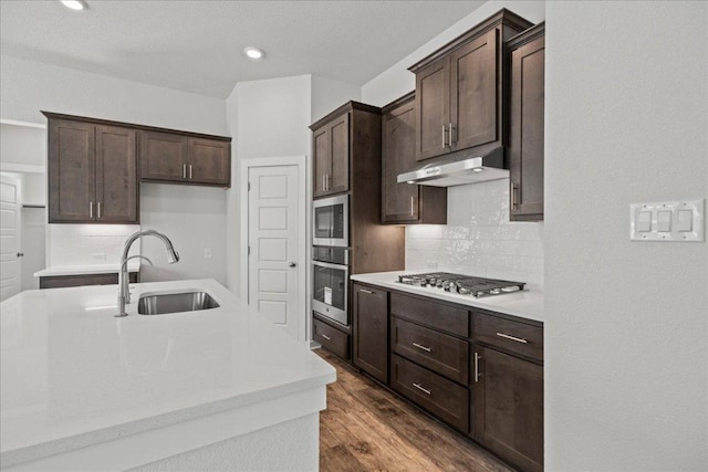 240 Camino Verde Dr, San Marcos, TX 78666 - kitchen with under cabinet range hood, appliances with stainless steel finishes, a sink, light countertops, and backsplash