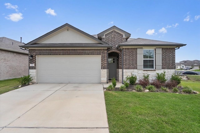 110 Saide St, Georgetown, TX 78626 - view of front facade with a garage, brick siding, driveway, stone siding, and a front yard