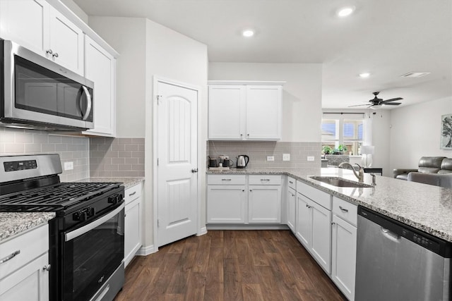 110 Saide St, Georgetown, TX 78626 - kitchen featuring stainless steel appliances, a sink, dark wood-type flooring, white cabinetry, and a ceiling fan