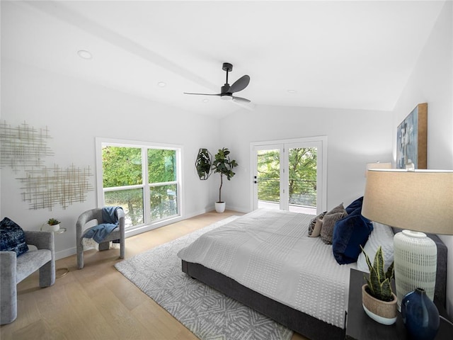 2004 N Cuernavaca Dr, Austin, TX 78733 - bedroom featuring lofted ceiling, wood finished floors, access to exterior, ceiling fan, and baseboards
