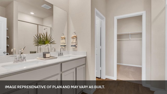 272 Morning Glory Loop, Kyle, TX 78640 - bathroom with wood finished floors, a stall shower, a spacious closet, double vanity, and baseboards