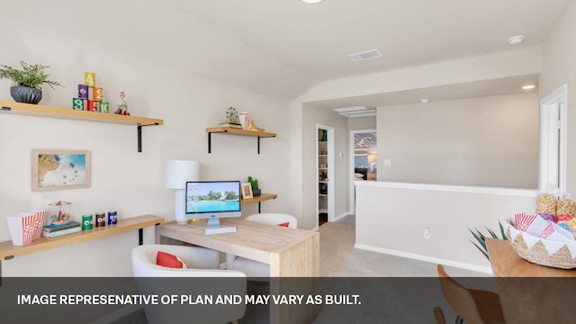 272 Morning Glory Loop, Kyle, TX 78640 - carpeted home office featuring baseboards and lofted ceiling