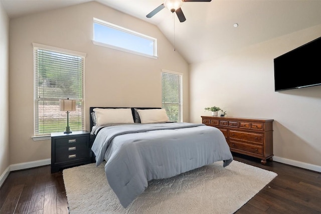 209 Maxwell Way, Austin, TX 78738 - bedroom featuring vaulted ceiling, baseboards, multiple windows, dark wood-style floors, and a ceiling fan