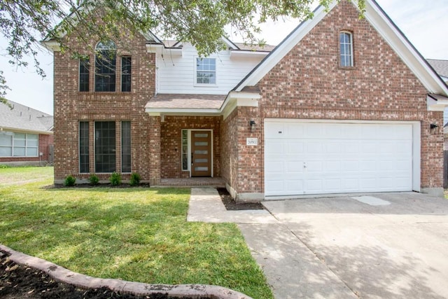 7057 Thistle Hill Way, Austin, TX 78754 - view of front of home with brick siding, driveway, a front yard, and a garage