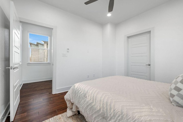 7301 Providence Ave Unit B, Austin, TX 78752 - bedroom featuring dark wood finished floors, recessed lighting, and a ceiling fan