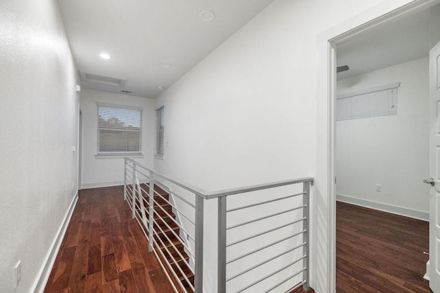 7301 Providence Ave Unit B, Austin, TX 78752 - corridor featuring an upstairs landing, dark wood-style floors, attic access, and recessed lighting