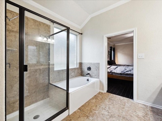 362 Maple Way, New Braunfels, TX 78132 - ensuite bathroom with crown molding, a stall shower, vaulted ceiling, a bath, and tile patterned floors