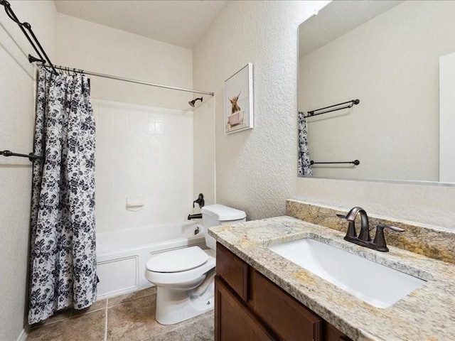 362 Maple Way, New Braunfels, TX 78132 - full bathroom with toilet, shower / tub combo with curtain, vanity, a textured wall, and tile patterned flooring