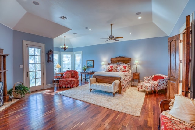 530 Scenic View Dr, Marble Falls, TX 78654 - bedroom with lofted ceiling, wood finished floors, a chandelier, access to exterior, and a ceiling fan