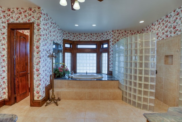 530 Scenic View Dr, Marble Falls, TX 78654 - bathroom featuring tile patterned floors, wallpapered walls, a bath, a walk in shower, and recessed lighting