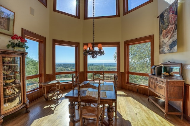 530 Scenic View Dr, Marble Falls, TX 78654 - dining room with wainscoting, hardwood / wood-style flooring, a chandelier, and a towering ceiling