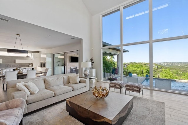 2551 Waymaker Way, Austin, TX 78746 - living area featuring a high ceiling and light wood-style flooring