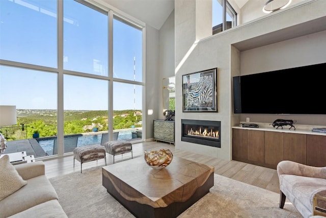 2551 Waymaker Way, Austin, TX 78746 - living room with a towering ceiling, a fireplace, and light wood-style flooring