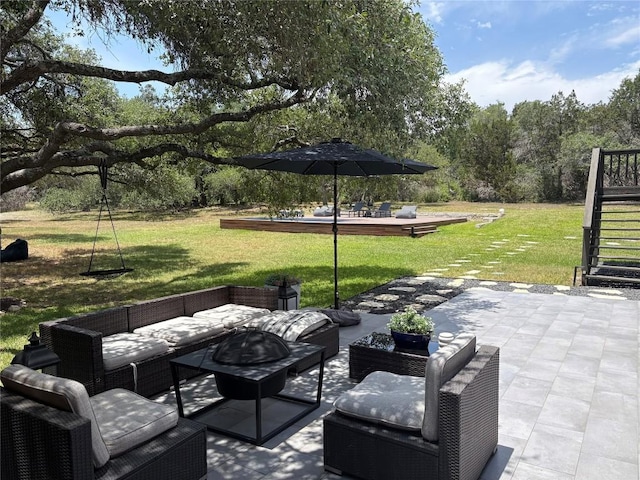 10705 Oak Valley Ct, Austin, TX 78736 - view of patio with an outdoor living space, stairway, and a wooden deck