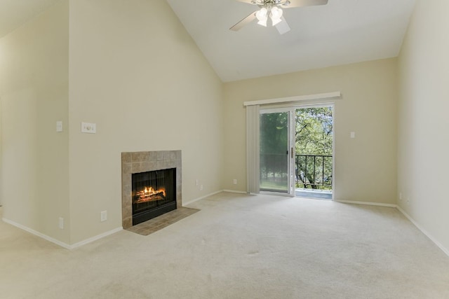 11970 Jollyville Rd Unit 214, Austin, TX 78759 - unfurnished living room with high vaulted ceiling, carpet flooring, a fireplace, a ceiling fan, and baseboards