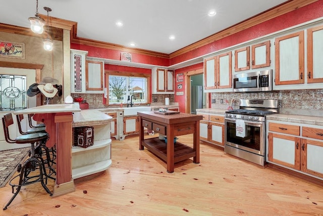 1110 County Road 487, Taylor, TX 76574 - kitchen with stainless steel appliances, ornamental molding, a peninsula, light countertops, and backsplash