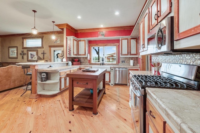 1110 County Road 487, Taylor, TX 76574 - kitchen with stainless steel appliances, light countertops, open shelves, crown molding, and backsplash