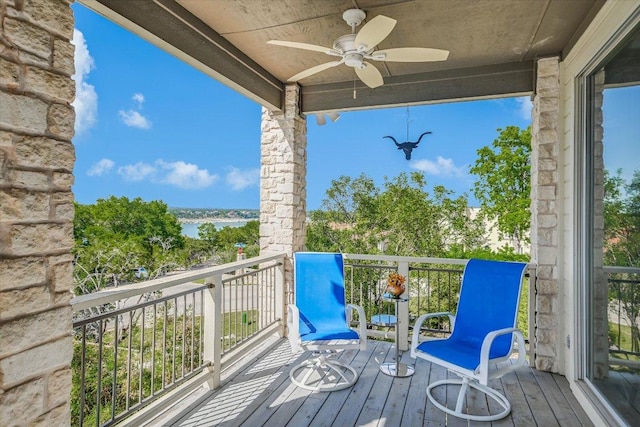137 Firebird St, Lakeway, TX 78734 - wooden terrace featuring ceiling fan and a water view