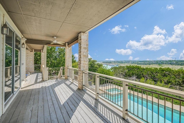 137 Firebird St, Lakeway, TX 78734 - wooden deck featuring a ceiling fan and a pool with connected hot tub