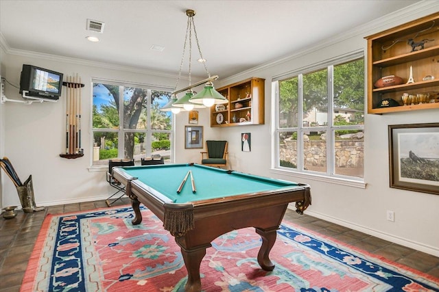 137 Firebird St, Lakeway, TX 78734 - playroom with billiards table, healthy amount of natural light, baseboards, crown molding, and tile patterned floors
