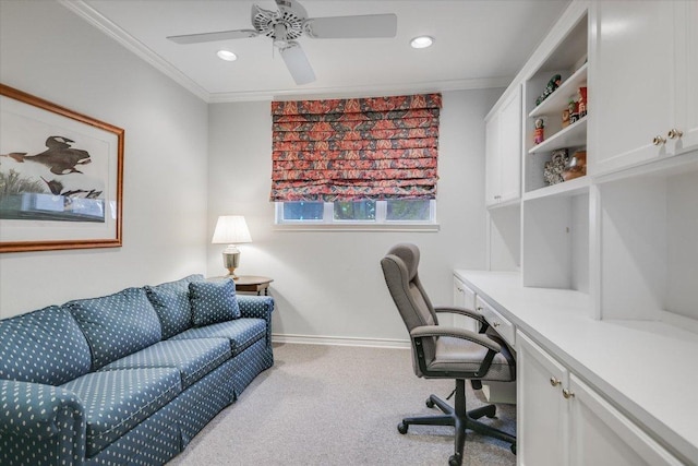 137 Firebird St, Lakeway, TX 78734 - home office with crown molding, carpet floors, recessed lighting, built in study area, and ceiling fan