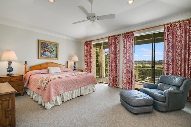 137 Firebird St, Lakeway, TX 78734 - bedroom featuring access to exterior, crown molding, carpet, and ceiling fan
