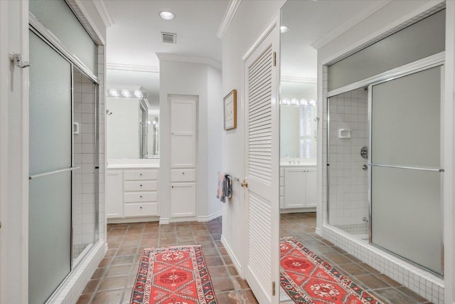 137 Firebird St, Lakeway, TX 78734 - full bath with a stall shower, vanity, ornamental molding, recessed lighting, and baseboards