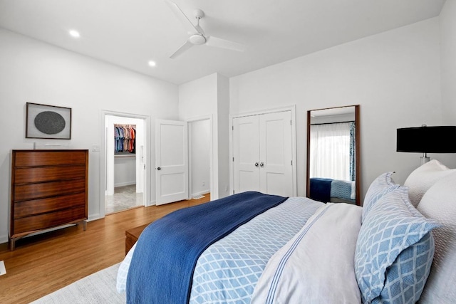 4107 Jefferson St, Austin, TX 78731 - bedroom featuring wood finished floors, a ceiling fan, a closet, recessed lighting, and baseboards
