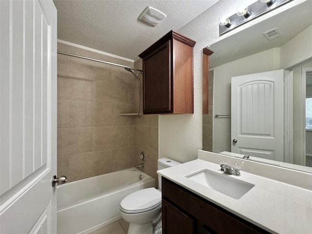 513 N Heatherwilde Blvd, Pflugerville, TX 78660 - bathroom featuring toilet, a textured ceiling, shower / washtub combination, and vanity