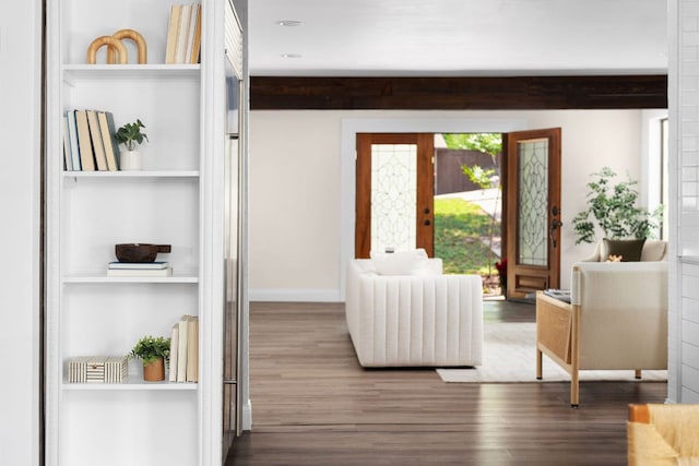 2403 Little John Ln, Austin, TX 78704 - entryway with wood finished floors and beamed ceiling