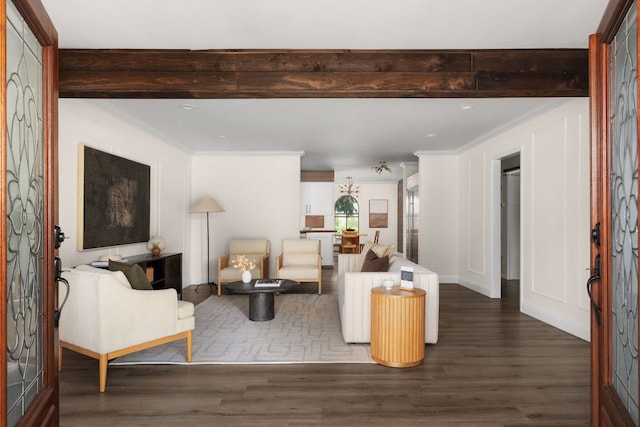 2403 Little John Ln, Austin, TX 78704 - living room featuring crown molding, wood finished floors, recessed lighting, and beam ceiling