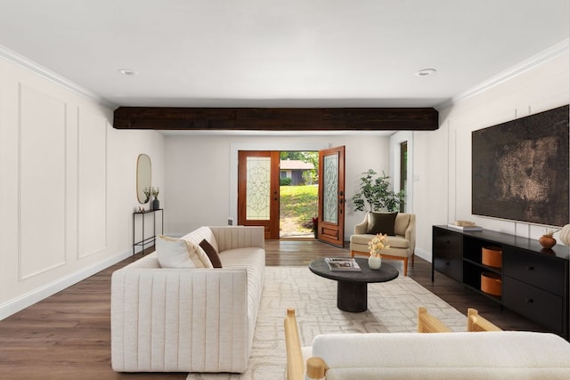 2403 Little John Ln, Austin, TX 78704 - living room featuring wood finished floors, beam ceiling, and crown molding