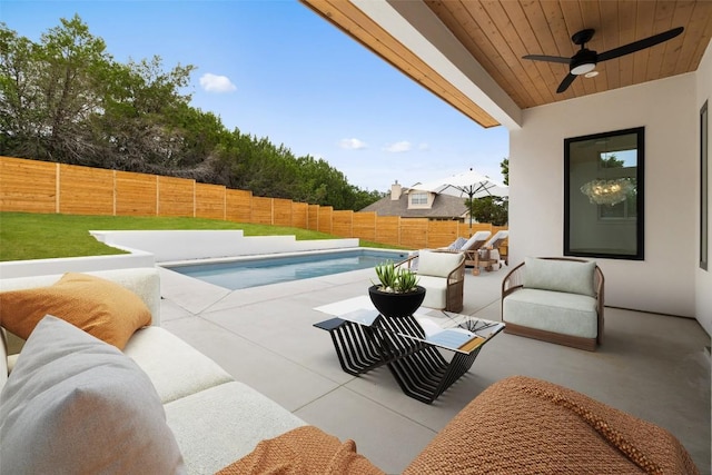 402 Fife Dr, Spicewood, TX 78669 - view of swimming pool with a fenced backyard, an outdoor living space, ceiling fan, and a patio area