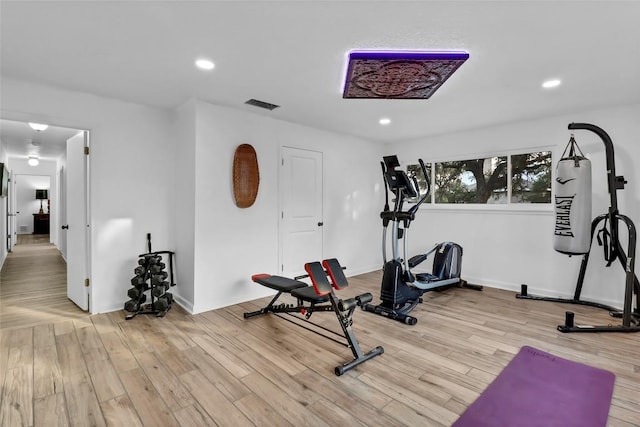 122 W Sierra Cir, San Marcos, TX 78666 - exercise room with wood finished floors, recessed lighting, and baseboards