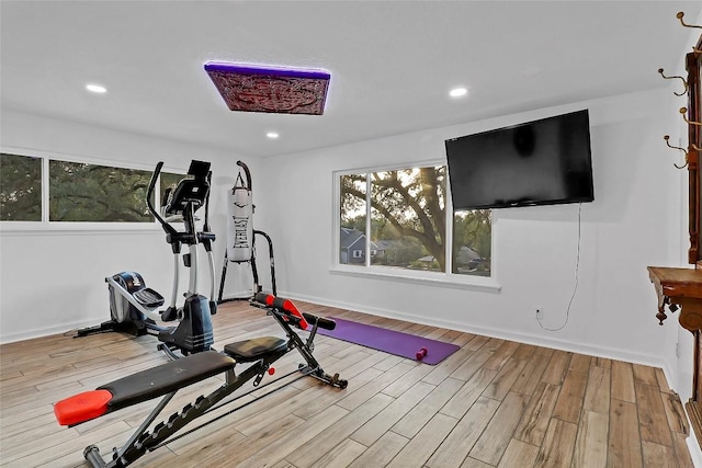 122 W Sierra Cir, San Marcos, TX 78666 - exercise room with wood finished floors, recessed lighting, and baseboards