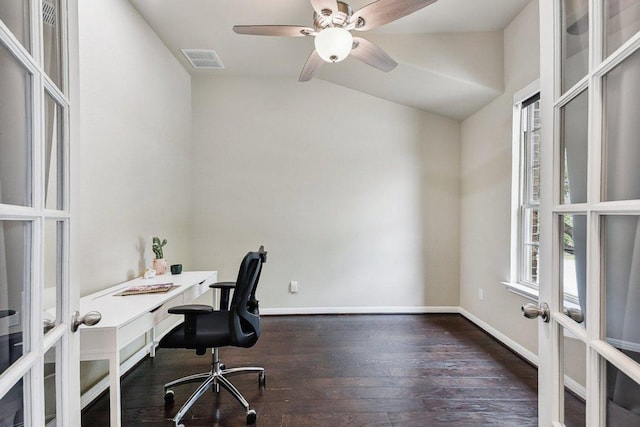 190 Stone View Trl, Austin, TX 78737 - office space with french doors, lofted ceiling, hardwood / wood-style flooring, and a ceiling fan