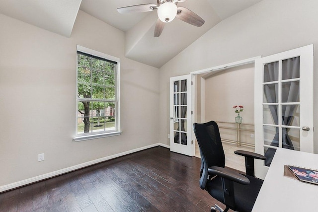 190 Stone View Trl, Austin, TX 78737 - unfurnished office with french doors, lofted ceiling, hardwood / wood-style floors, and a ceiling fan