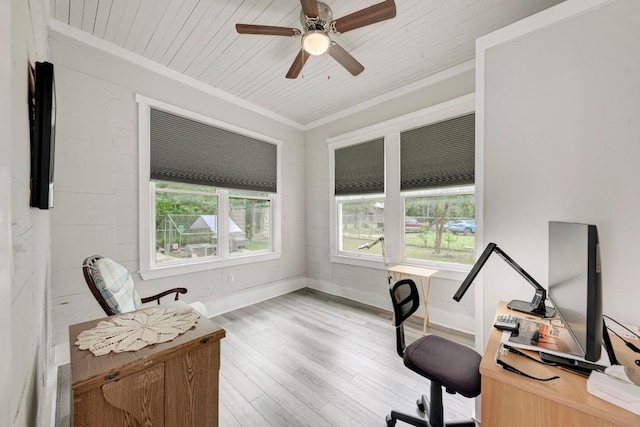 340 Ackerman St, Rockdale, TX 76567 - home office featuring healthy amount of natural light, crown molding, light wood-style flooring, ceiling fan, and wood ceiling