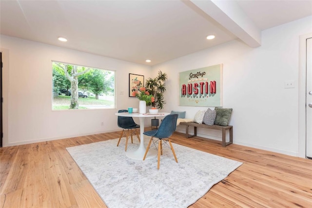 3801 Wilson St, Austin, TX 78704 - dining room with light wood-style flooring, recessed lighting, baseboards, and beam ceiling