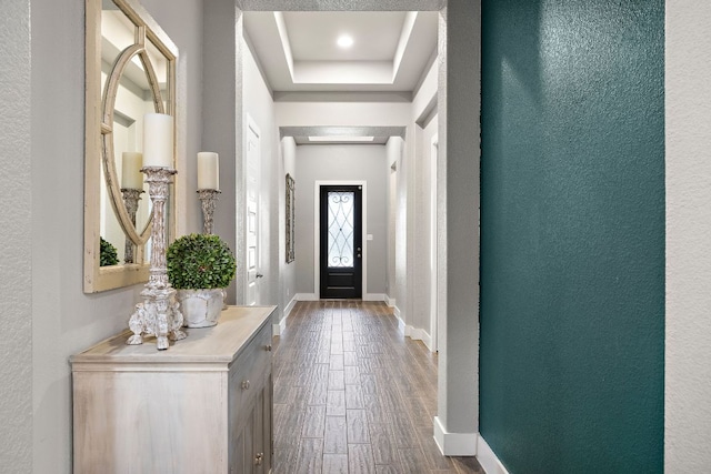 509 Leon Loop, Liberty Hill, TX 78642 - entrance foyer featuring a raised ceiling, baseboards, dark wood-style flooring, and a textured wall