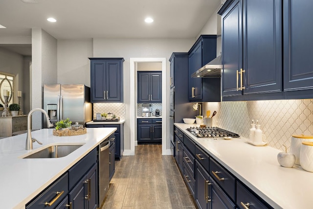 509 Leon Loop, Liberty Hill, TX 78642 - kitchen with stainless steel appliances, a sink, blue cabinetry, light countertops, and recessed lighting
