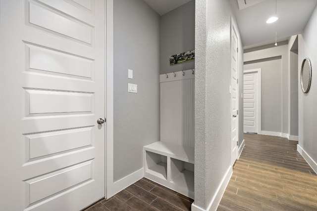 509 Leon Loop, Liberty Hill, TX 78642 - mudroom featuring attic access, dark wood-style flooring, baseboards, and a textured wall