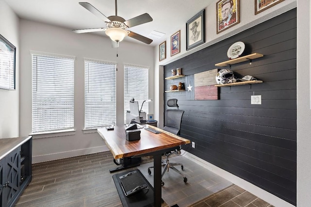 509 Leon Loop, Liberty Hill, TX 78642 - office space with ceiling fan, dark wood-style floors, and baseboards