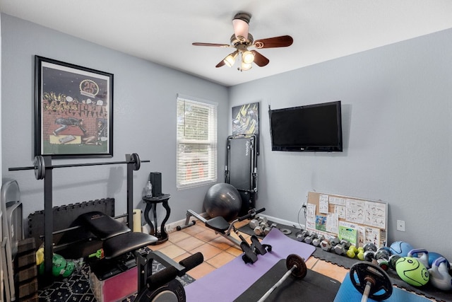 101 Texas Ash Cv, Manchaca, TX 78652 - workout room with ceiling fan, tile patterned floors, and baseboards