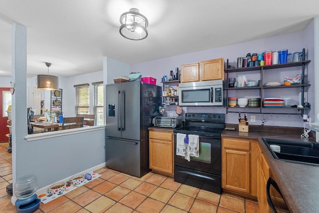 101 Texas Ash Cv, Manchaca, TX 78652 - kitchen featuring black appliances, open shelves, a sink, light tile patterned floors, and dark countertops
